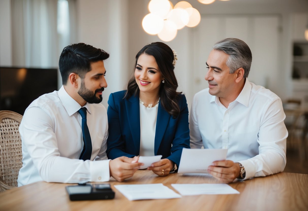 A couple and their parents discussing wedding expenses