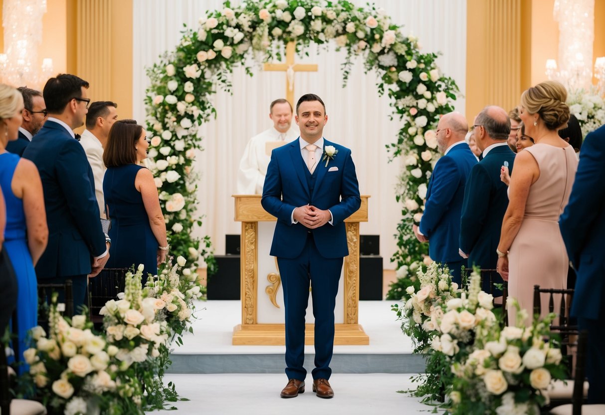 A man stands at the altar, surrounded by flowers and elegant decor, as guests gather for a wedding