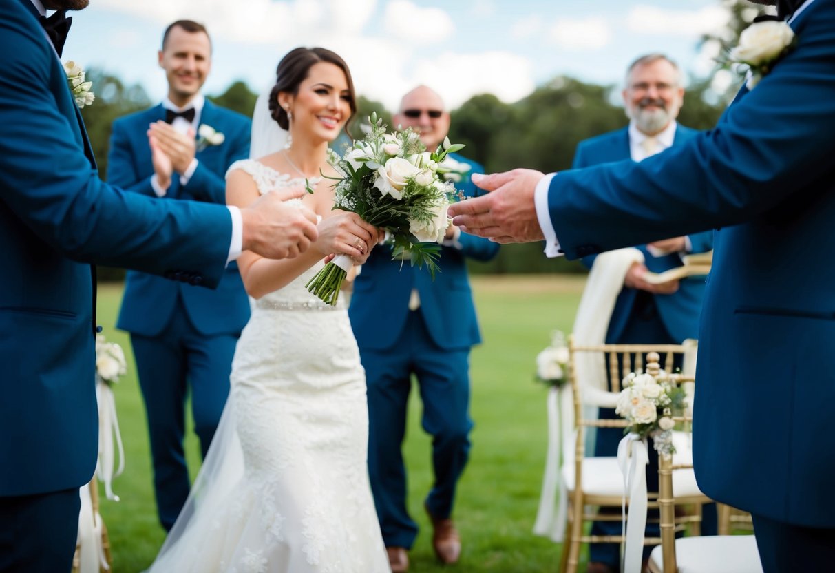 A man in a tuxedo hands a bouquet to a woman in a wedding dress. Guests applaud in the background