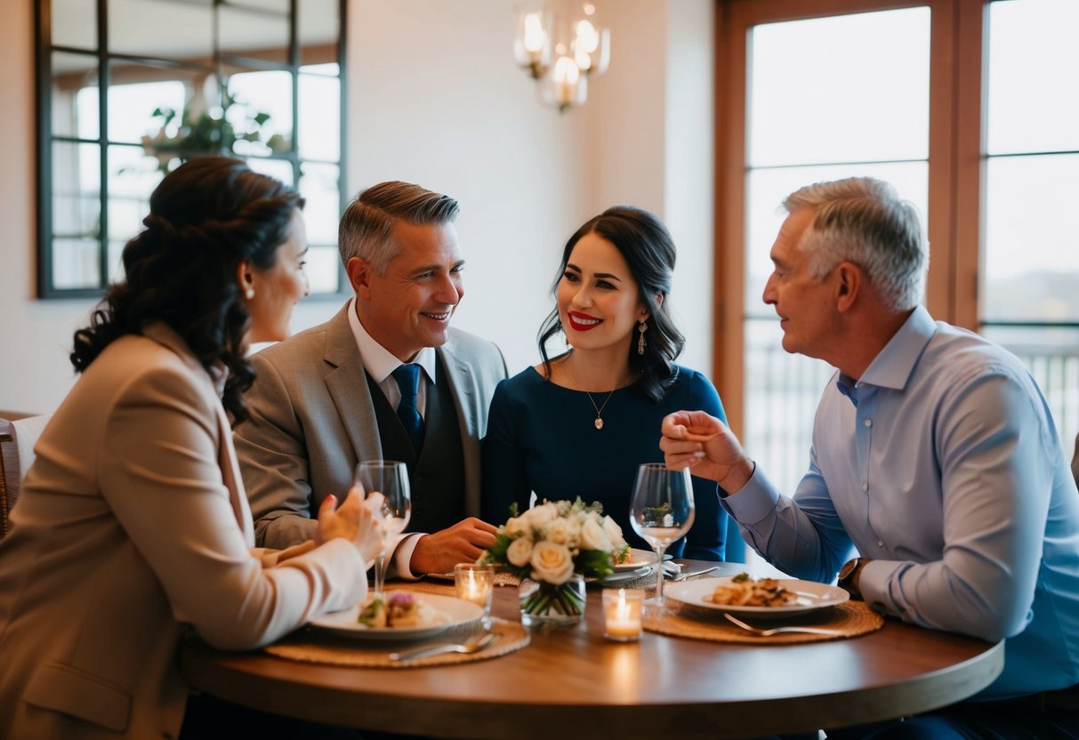 A couple and their parents discussing wedding plans at a cozy dining table
