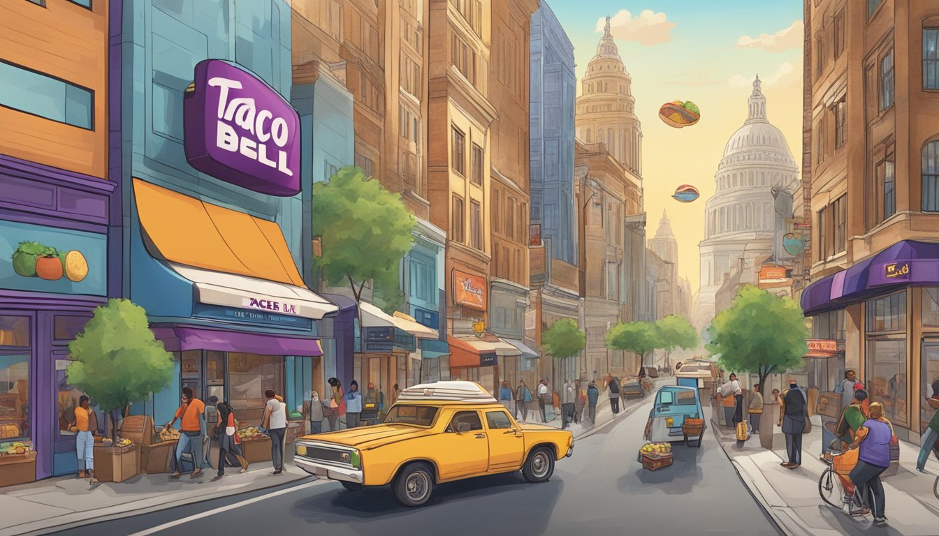 A bustling city street with various international landmarks in the background, showcasing different cultures' interpretations of Taco Bell breakfast items