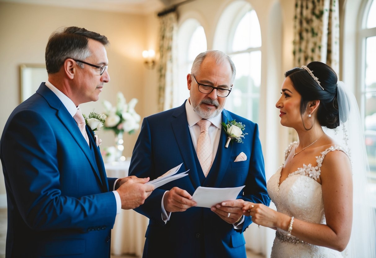 A wedding scene with a bride's parents discussing finances and wedding components