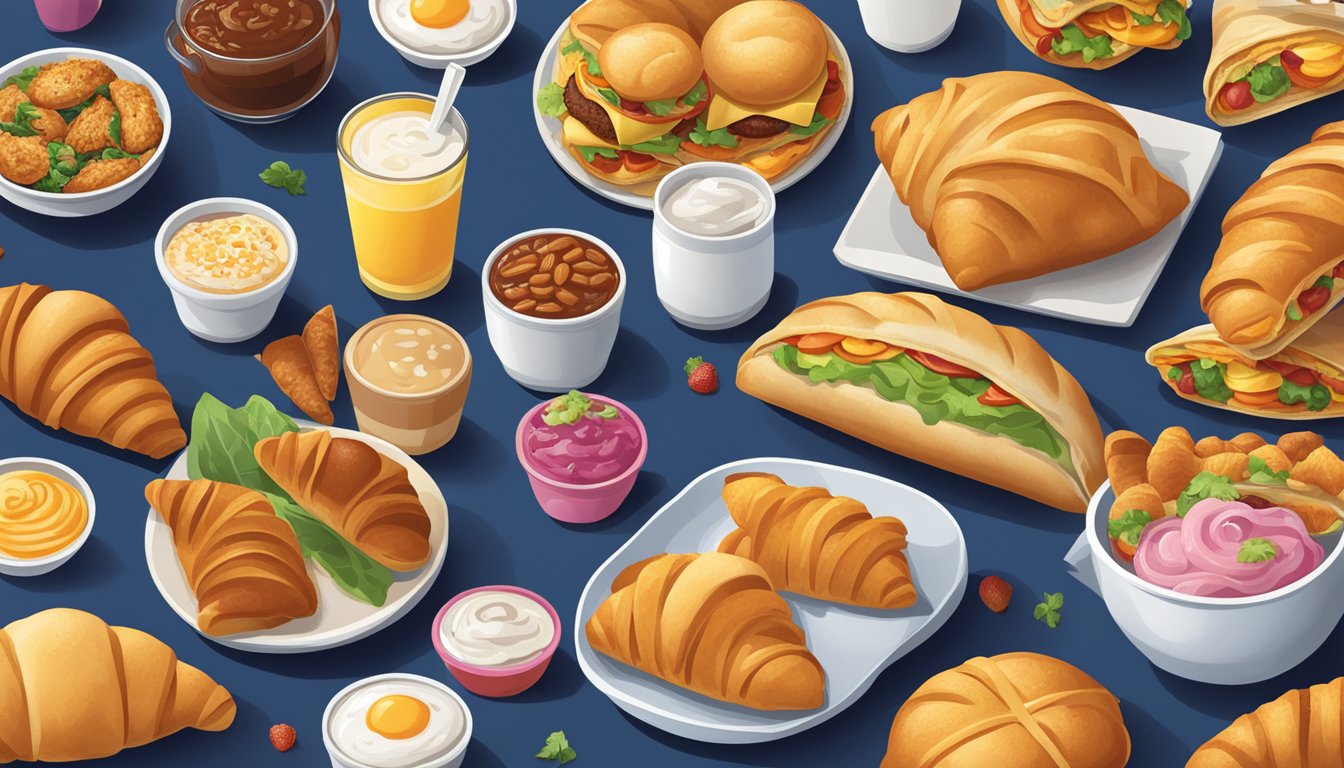 A colorful spread of international breakfast items, including croissants, empanadas, and bao buns, alongside Taco Bell's signature breakfast items