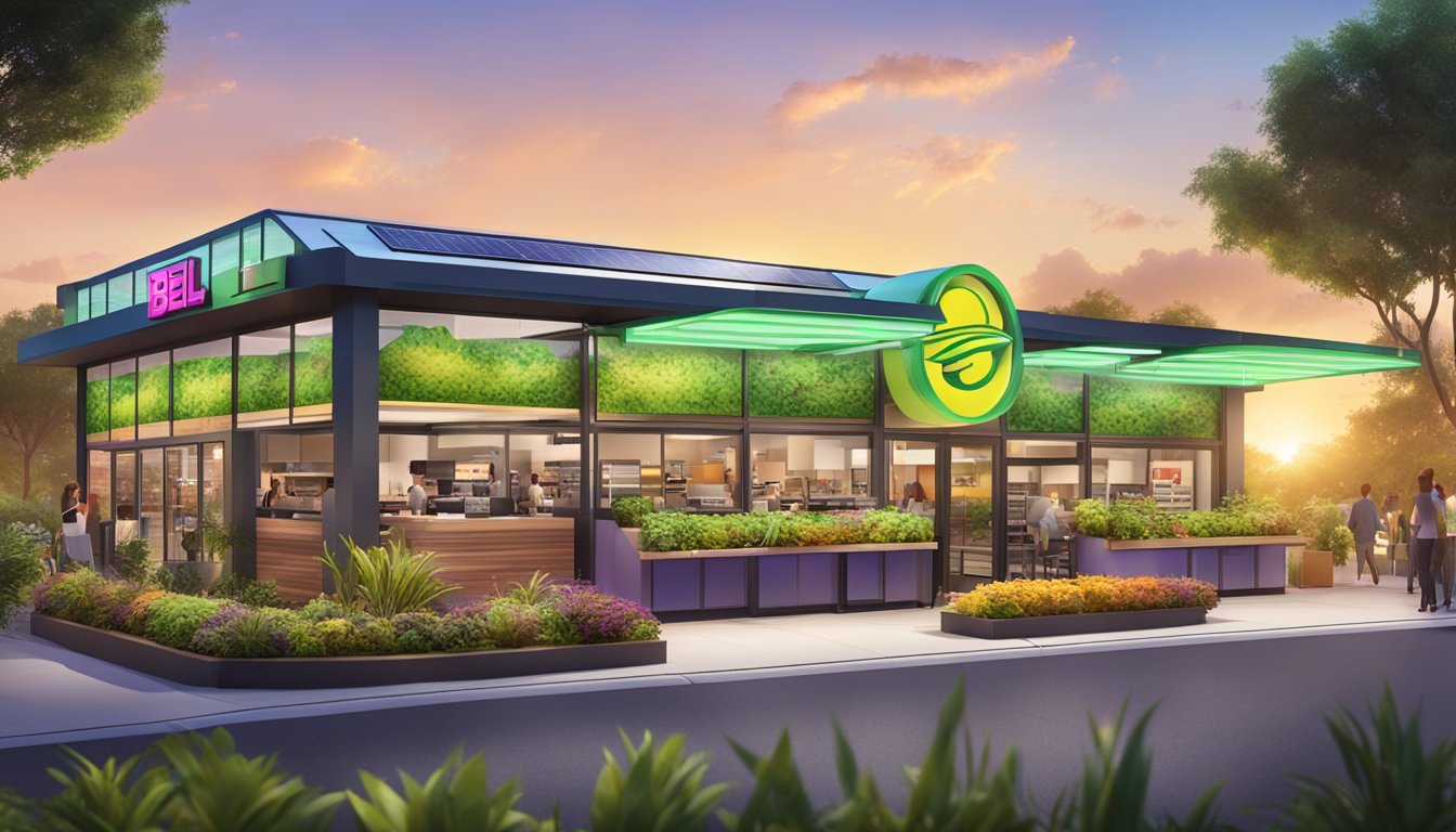 A bustling Taco Bell restaurant with a colorful breakfast packaging station, surrounded by lush greenery and solar panels on the roof