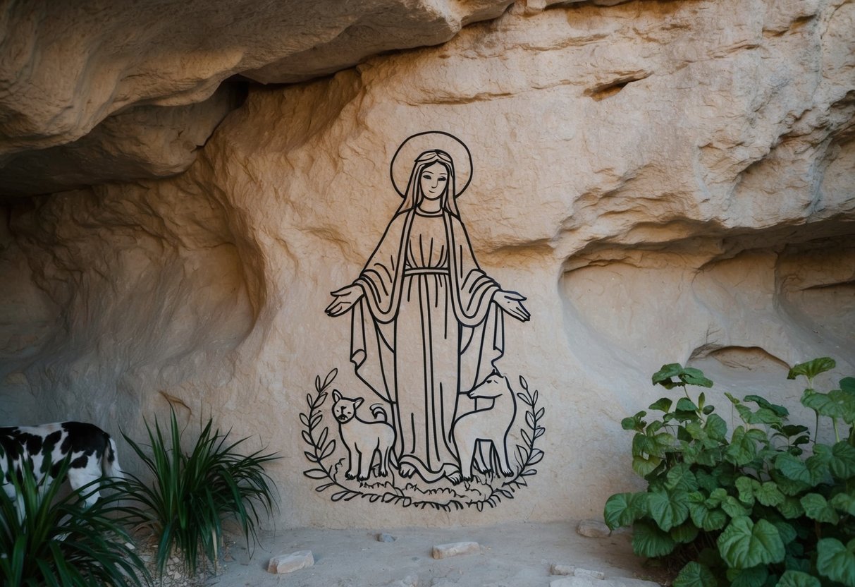 A simple cave drawing of Mary, with a halo above her head, surrounded by animals and plants