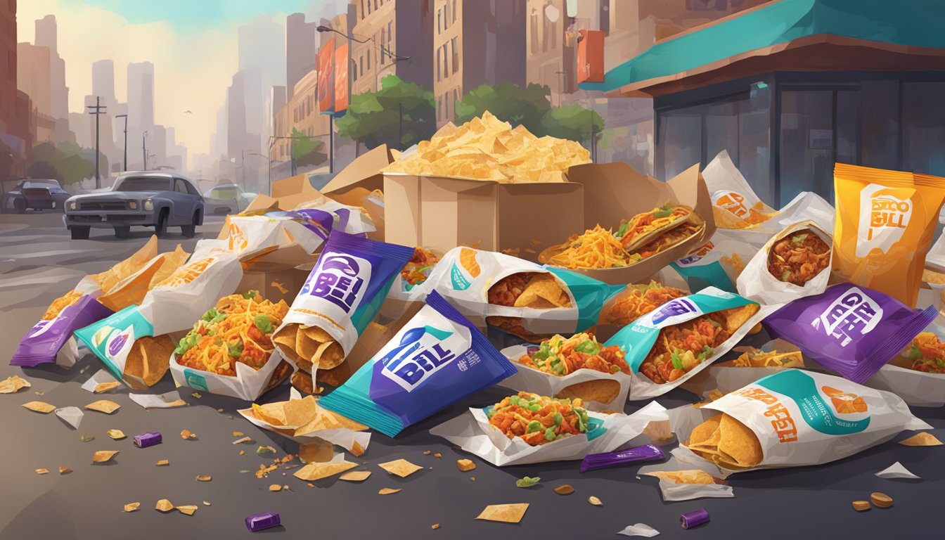 A pile of discarded Taco Bell breakfast packaging, surrounded by scattered food wrappers and empty containers, with a backdrop of polluted city streets