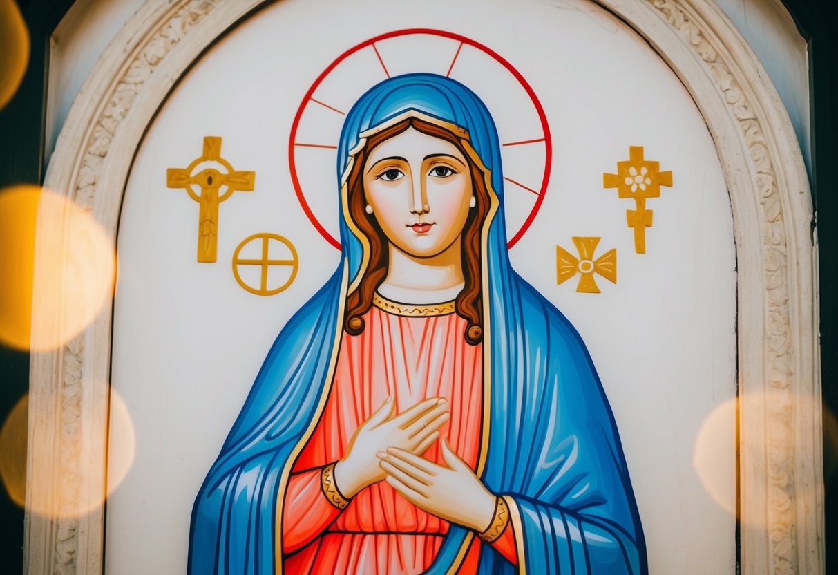A simple, ancient drawing of Mary depicted with a halo and a serene expression, surrounded by symbols of her purity and motherhood