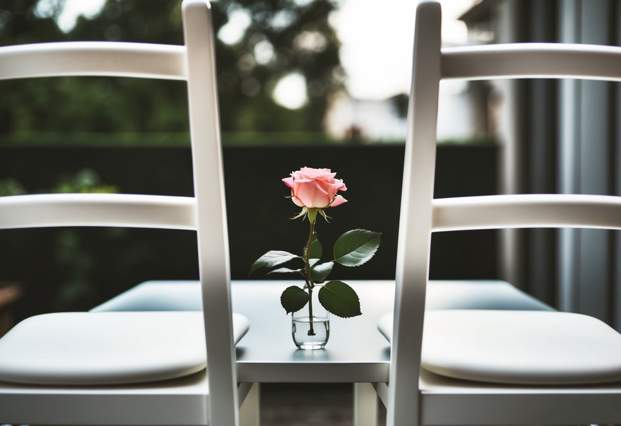 Two empty chairs facing each other, a single rose on the table