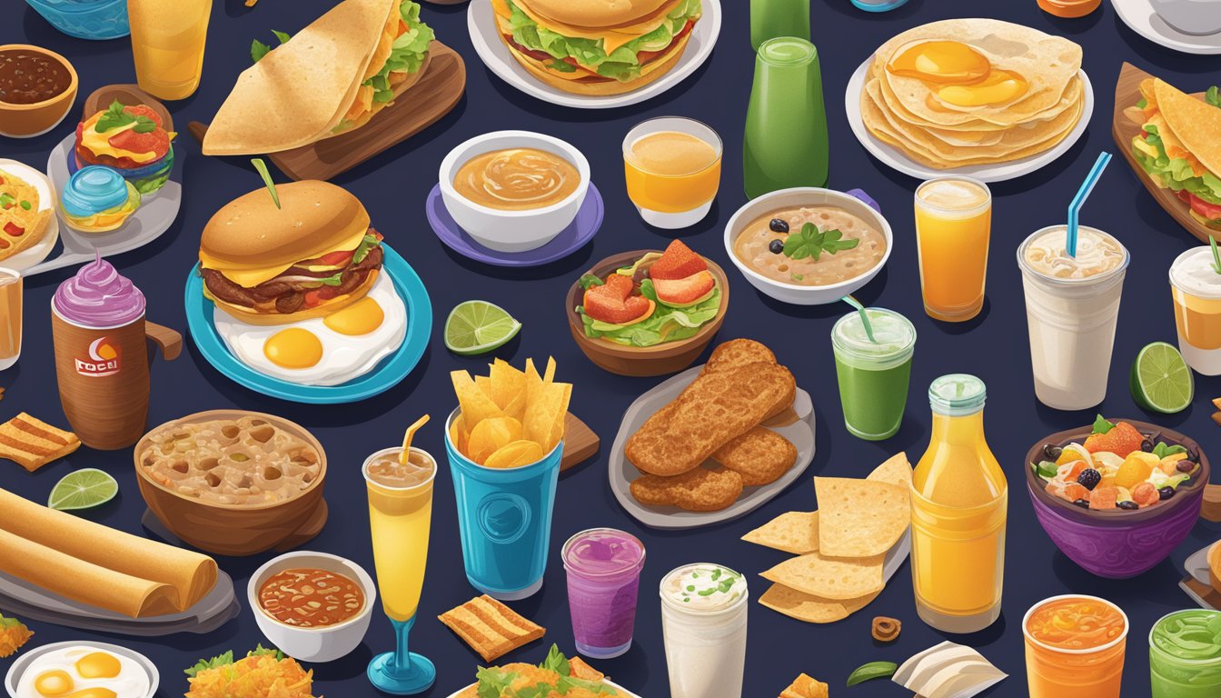 A colorful spread of international breakfast items and beverages from Taco Bell, showcasing unique variations from around the world