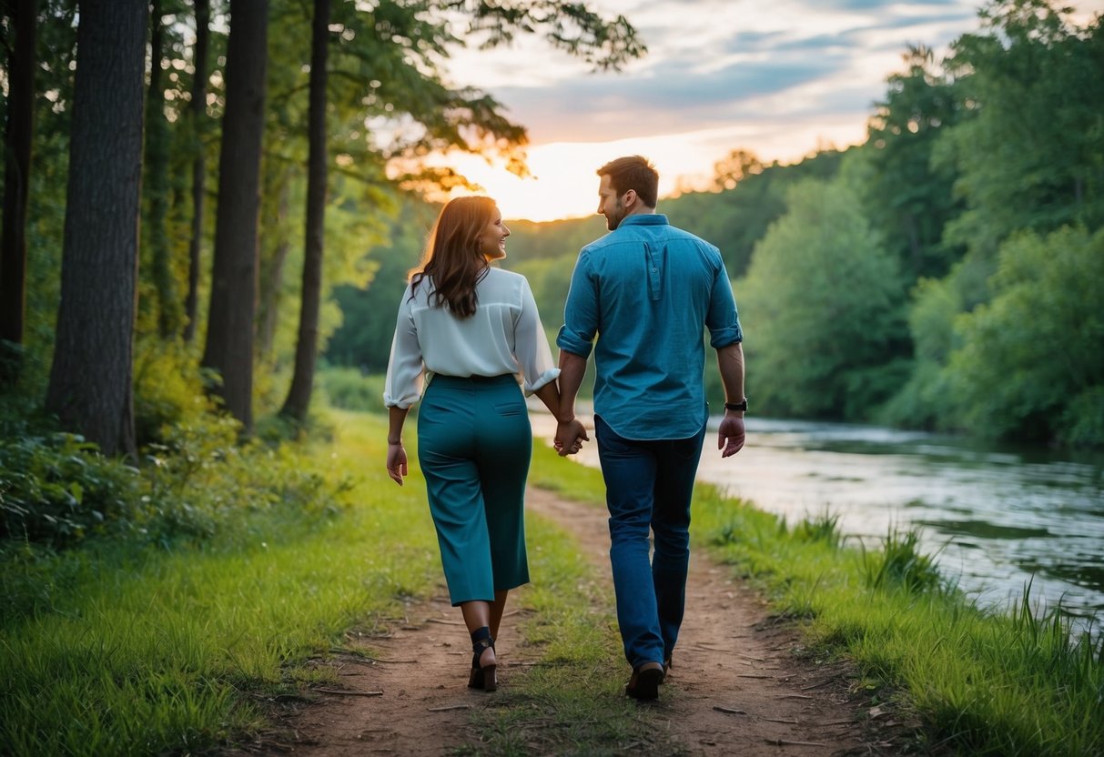 Fran and Will walking through a lush forest, hand in hand, with a serene river flowing beside them and the sun setting in the distance