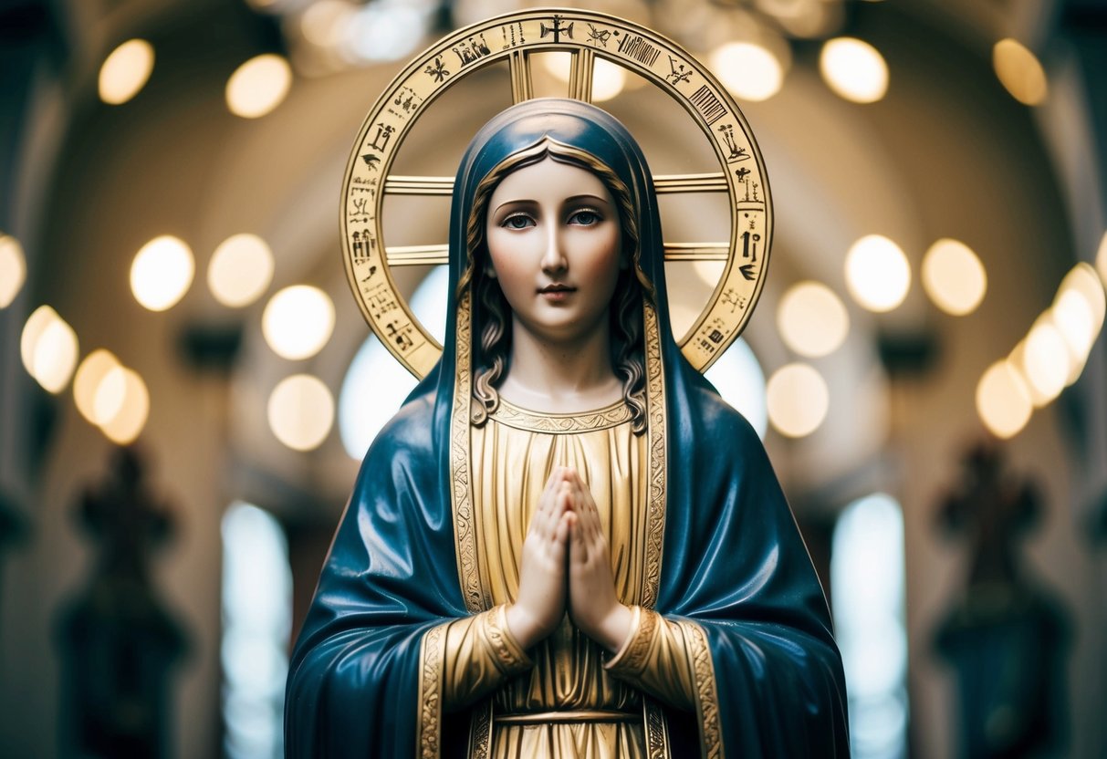 A simple, ancient depiction of Mary with a halo, surrounded by symbols of religious and cultural significance