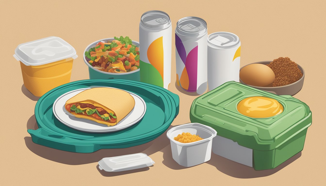 A table with a reusable breakfast container next to a pile of single-use packaging, showcasing the environmental impact of Taco Bell's breakfast packaging