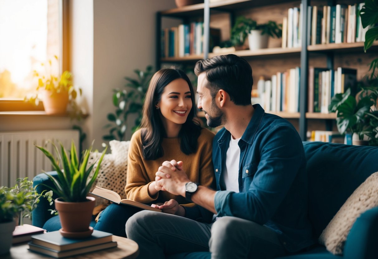 A cozy living room with a couple sitting close together, engrossed in a deep conversation, surrounded by books and plants
