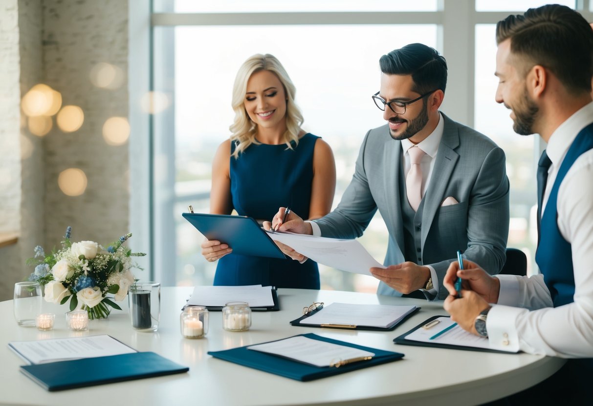 A wedding planner organizing a timeline, budget, and vendor contracts for a couple's special day
