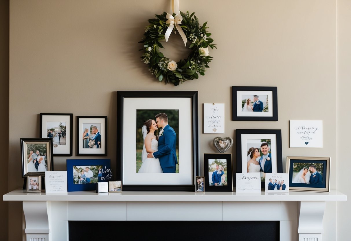 A couple's framed photo sits on a mantelpiece, surrounded by wedding memorabilia and anniversary cards