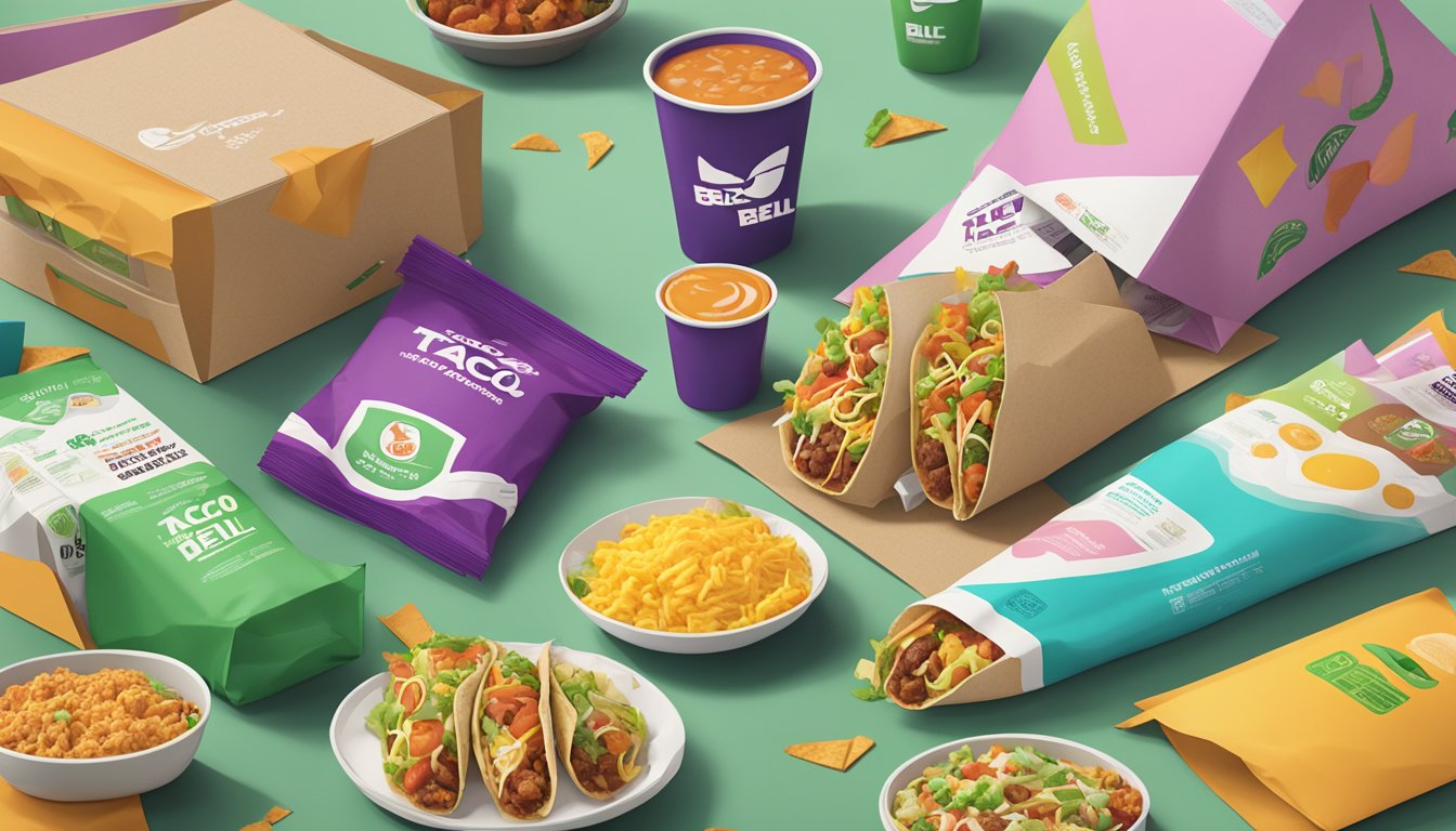 A table filled with colorful vegetarian and vegan Taco Bell menu items next to a pile of breakfast packaging waste