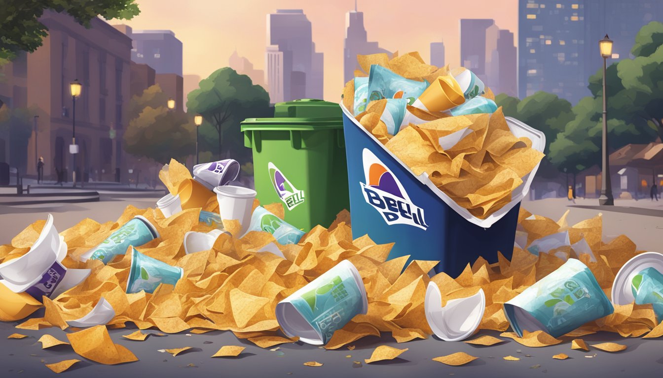 A pile of discarded Taco Bell breakfast packaging overflows from a trash bin, surrounded by littered wrappers and cups in a city park