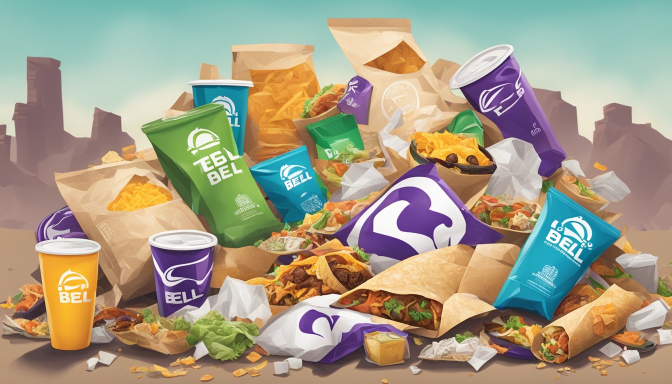 A pile of discarded Taco Bell breakfast packaging surrounded by various types of waste, with a large carbon footprint symbol looming overhead