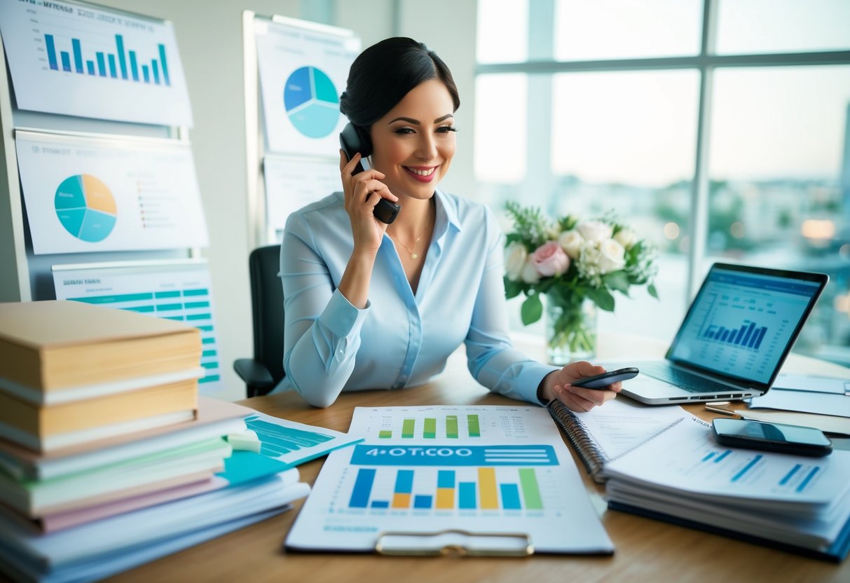 A wedding planner surrounded by charts, calendars, and budget spreadsheets, making phone calls and coordinating logistics for a wedding event