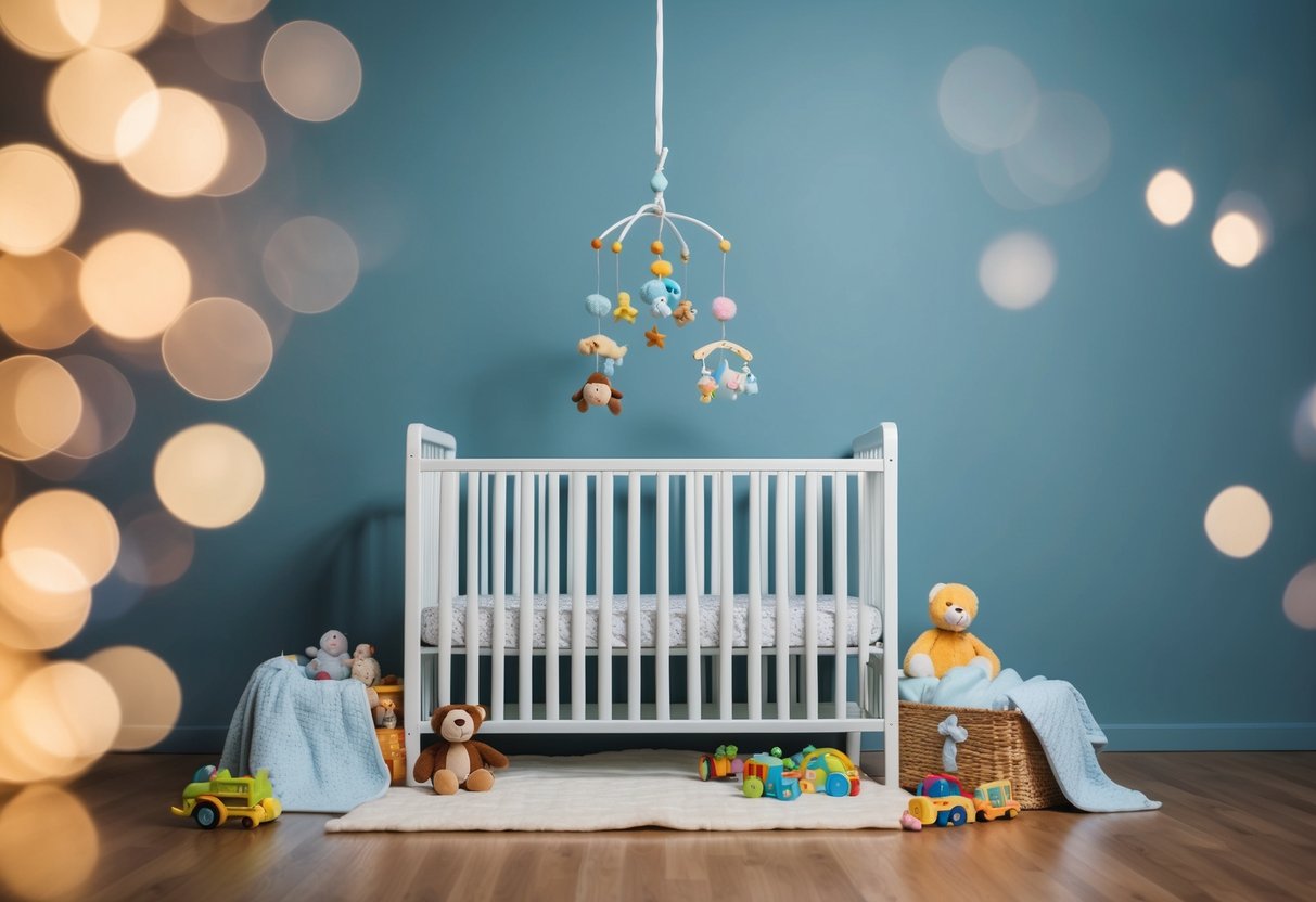 A small crib with a mobile hanging above, surrounded by toys and baby blankets