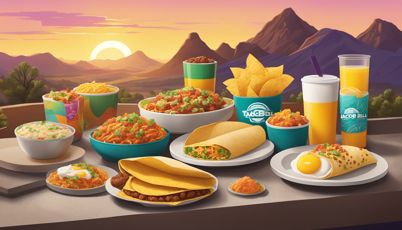 A colorful spread of breakfast items from Taco Bell, including breakfast burritos, tacos, and hash browns, set against a backdrop of a changing American landscape