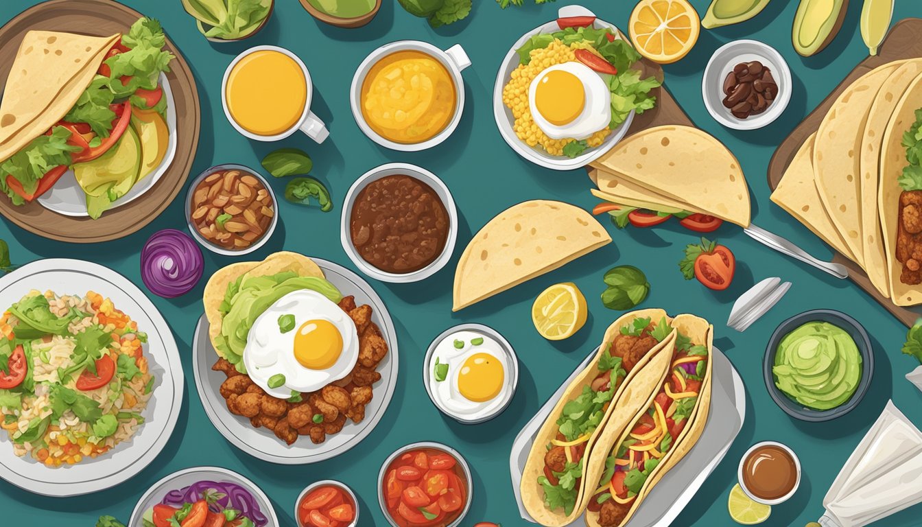 A colorful spread of breakfast items, including tacos, burritos, and bowls, with labels indicating gluten-free, vegetarian, and dairy-free options