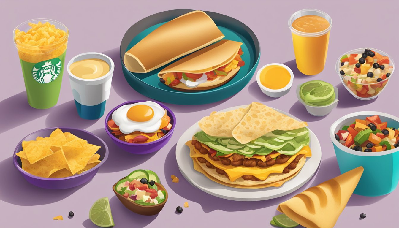 A colorful spread of breakfast items from Taco Bell, including options for gluten-free, vegetarian, and low-carb diets, displayed on a table