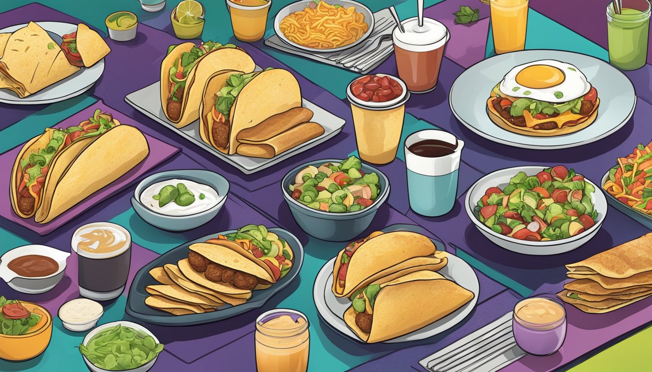 A colorful breakfast spread with various options including gluten-free, vegetarian, and low-carb choices, showcasing Taco Bell's inclusive menu