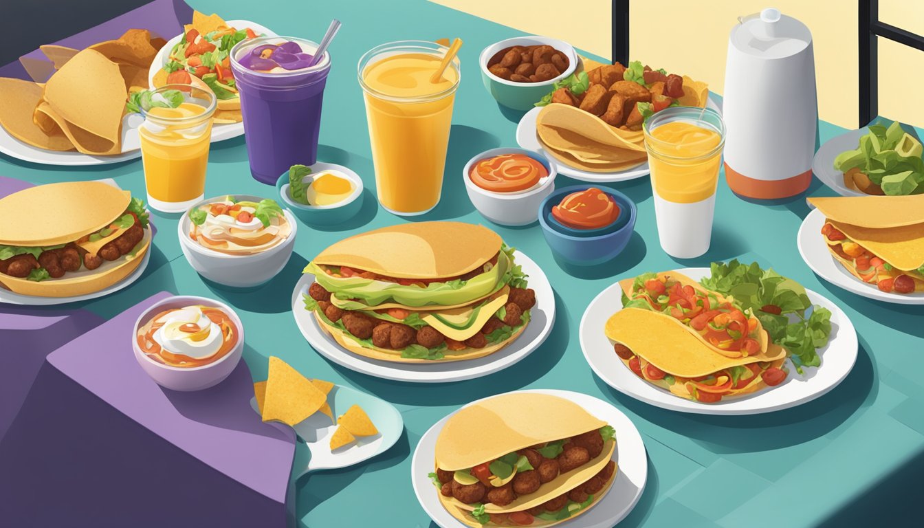 A colorful Taco Bell breakfast spread with diverse American food items on a modern table setting