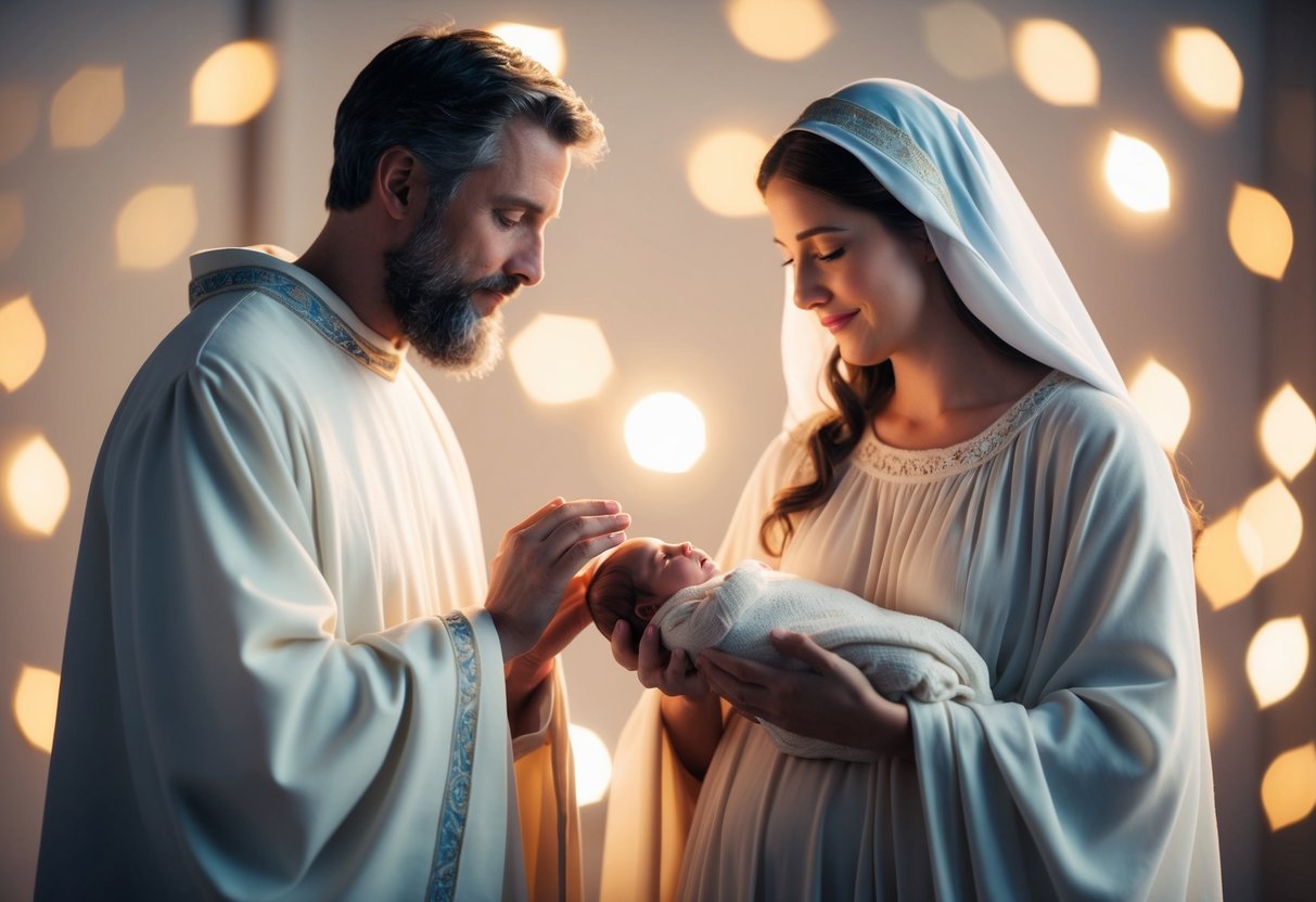 Joseph stands protectively beside Mary, gazing at the newborn child with awe and reverence. The Holy Family is bathed in a soft, warm light, creating a sense of peace and serenity