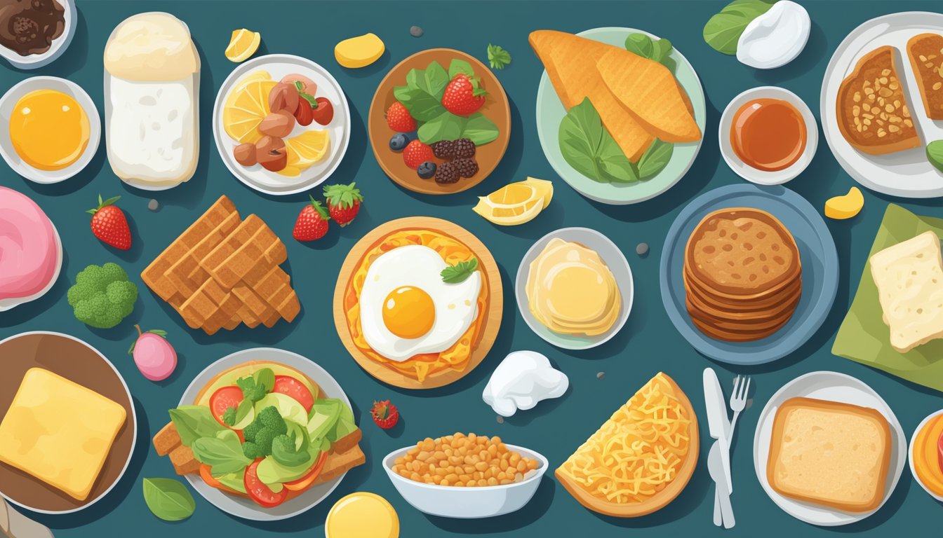 A colorful array of breakfast items, from savory to sweet, displayed on a menu board with icons indicating dietary restrictions like gluten-free, vegetarian, and low-carb options