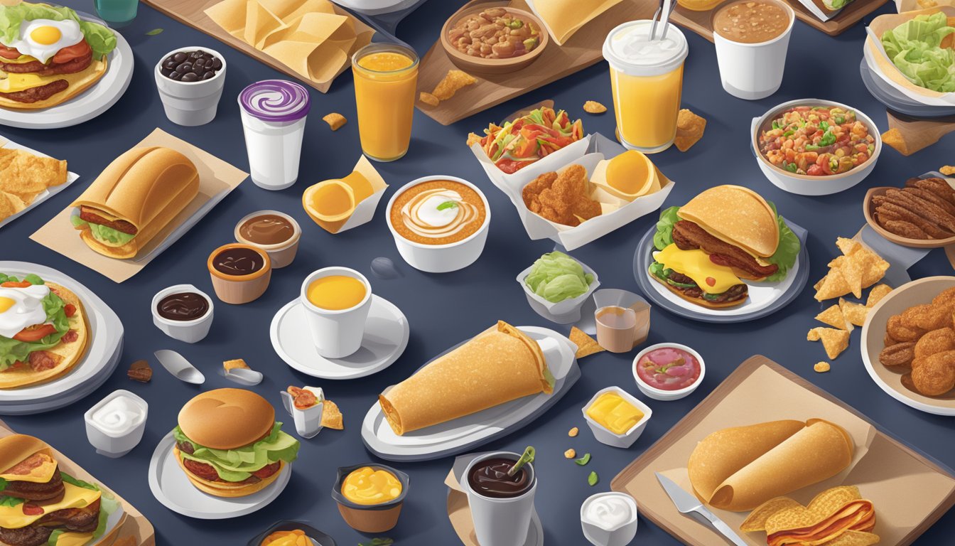 A bustling breakfast scene at Taco Bell, with a diverse array of breakfast items displayed alongside competitors' offerings, showcasing the changing American palate