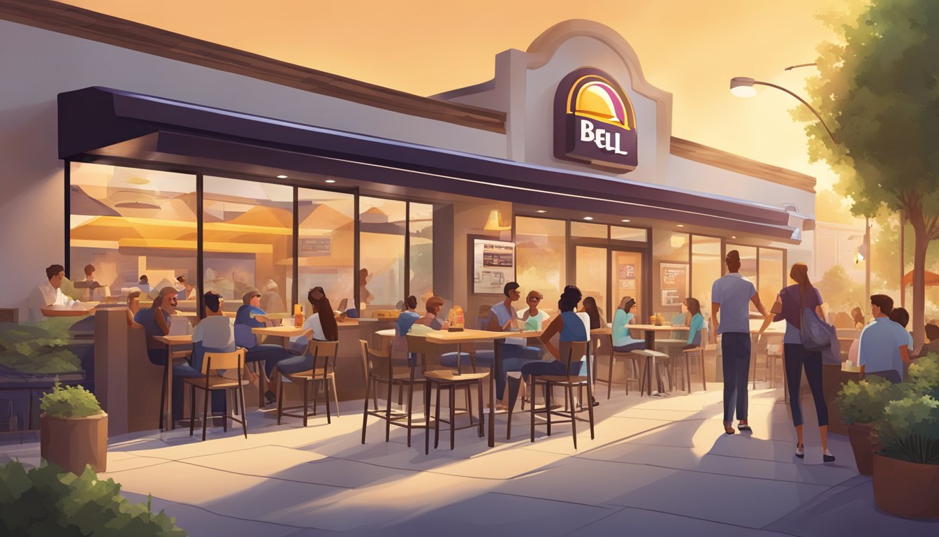 The morning sun shines on a bustling Taco Bell with customers enjoying breakfast. Nearby, a trendy fast-casual restaurant attracts a crowd with its inviting outdoor seating and modern decor