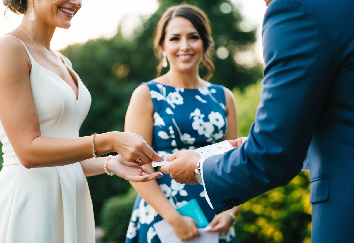 A couple hands over a check to a wedding planner