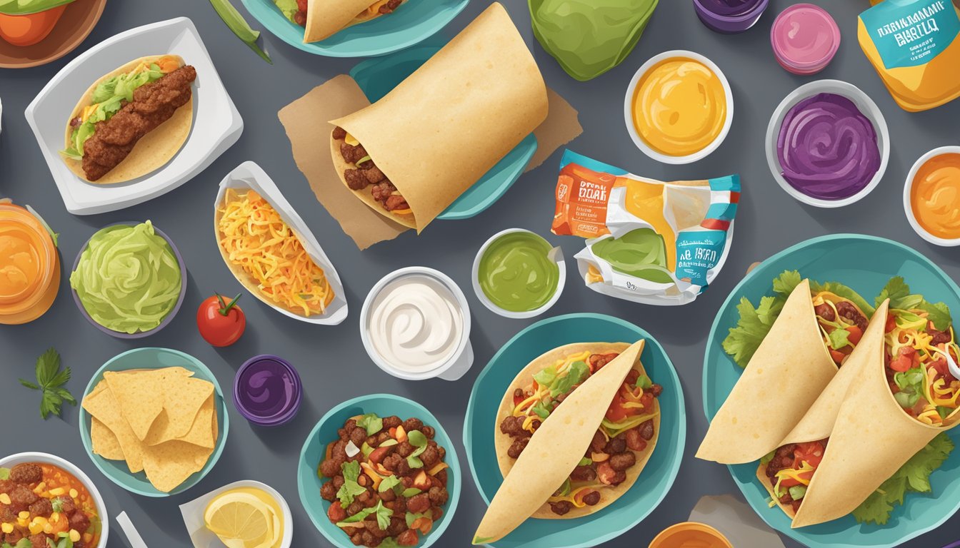 A colorful spread of Taco Bell breakfast items, including a variety of tacos, burritos, and bowls, with labels indicating different dietary options such as vegetarian, gluten-free, and low-calorie