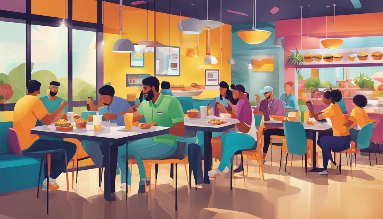 A bustling Taco Bell breakfast scene with diverse customers enjoying innovative menu items. Bright colors and modern decor reflect the changing American palate