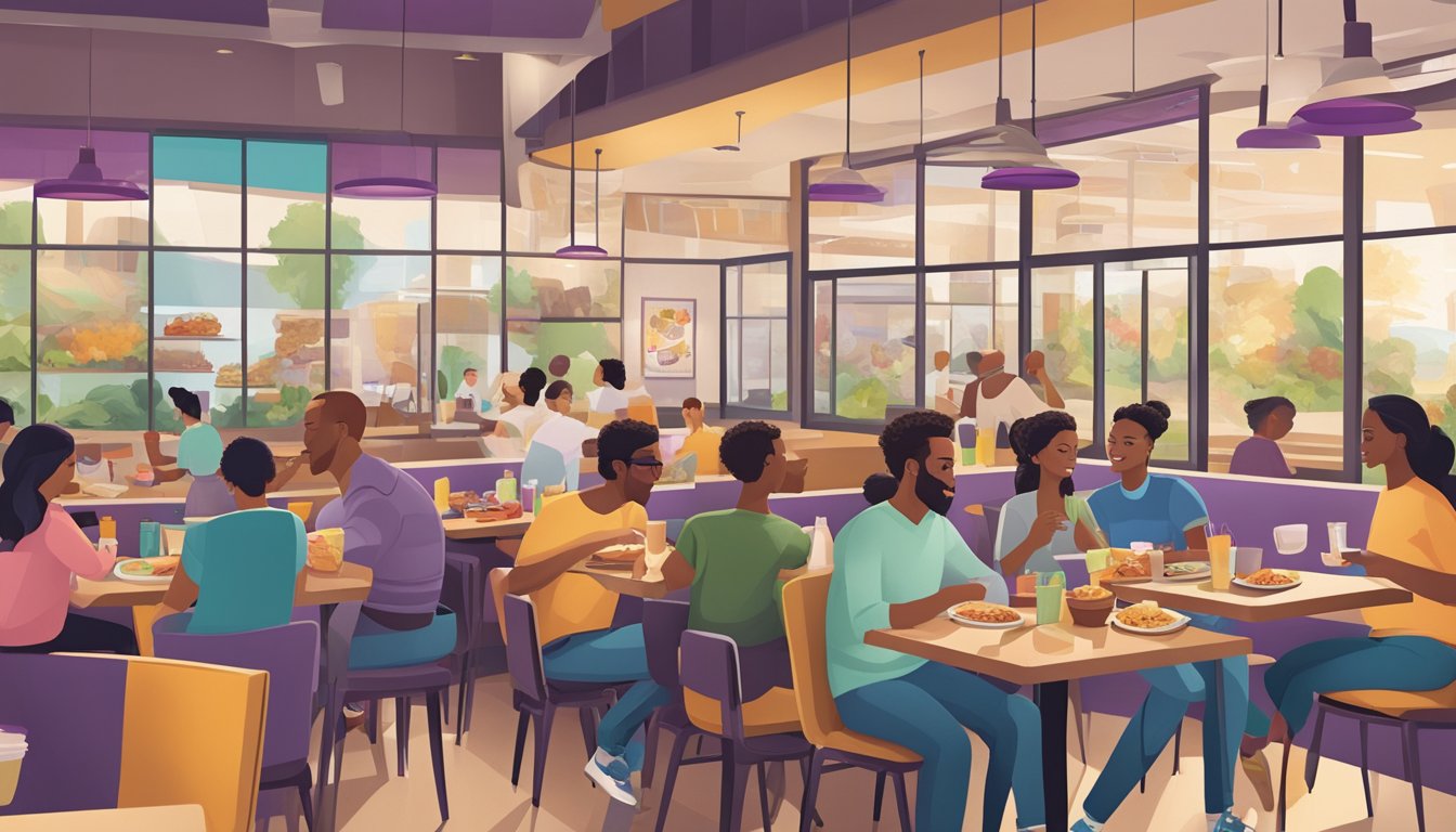 A bustling Taco Bell restaurant at breakfast time, with a diverse group of customers enjoying a variety of breakfast items, including vegetarian, gluten-free, and low-carb options