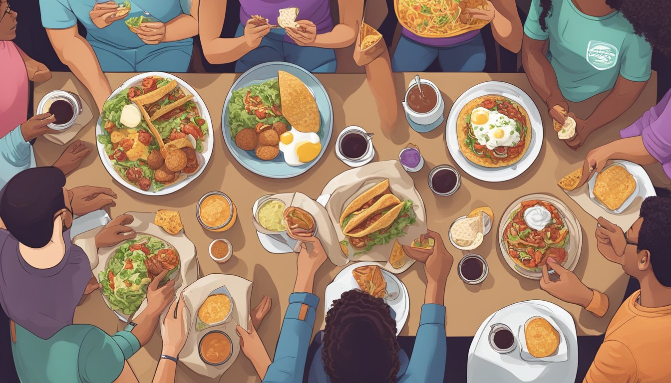 A diverse group of people enjoying Taco Bell breakfast items, including vegan, gluten-free, and keto options, with a variety of dietary restrictions