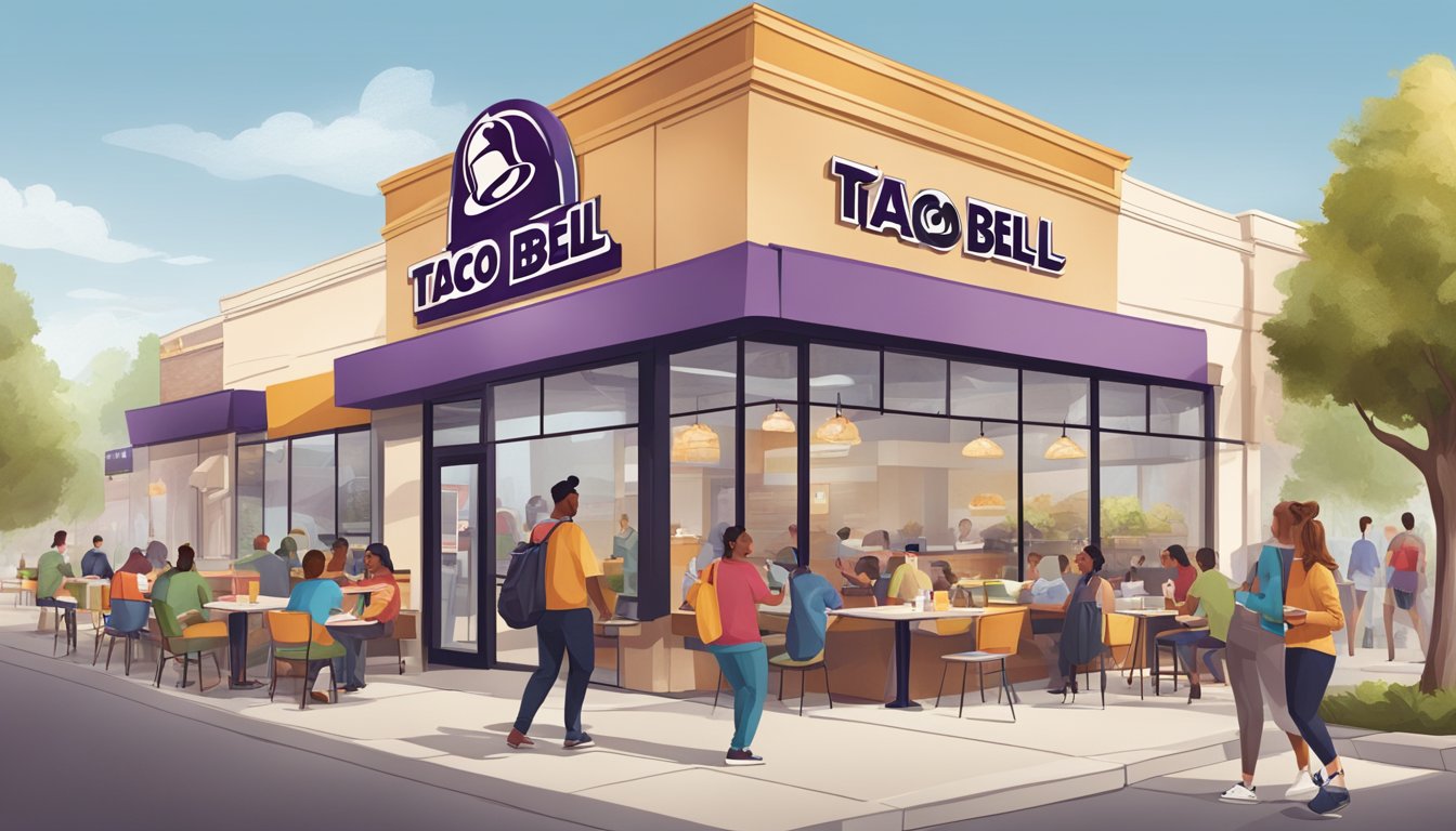 A bustling Taco Bell breakfast scene with customers enjoying fast-casual morning dining, showcasing the brand's business strategies and growth in the breakfast market