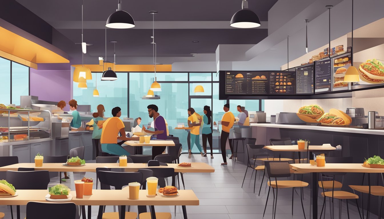 A bustling Taco Bell breakfast service with customers ordering and enjoying their meals, while staff efficiently prepare and serve food in a modern, fast-casual dining setting