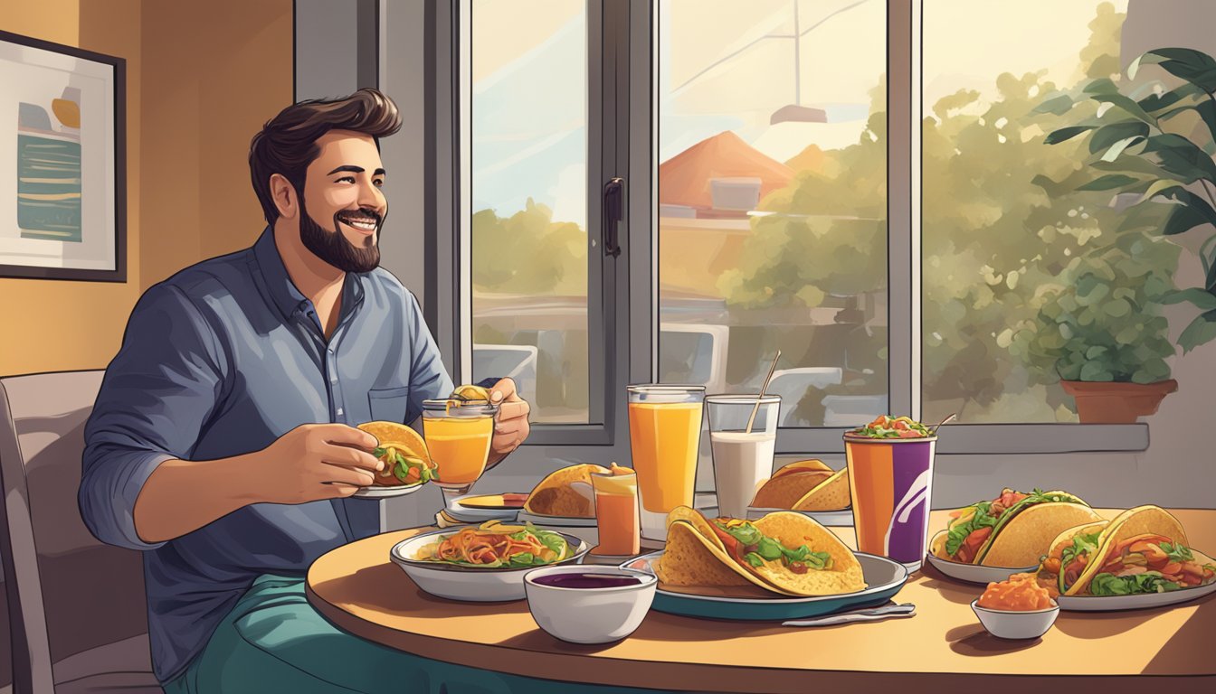 A person sitting at a breakfast table with a Taco Bell breakfast spread in front of them, looking eagerly at the food with a satisfied expression