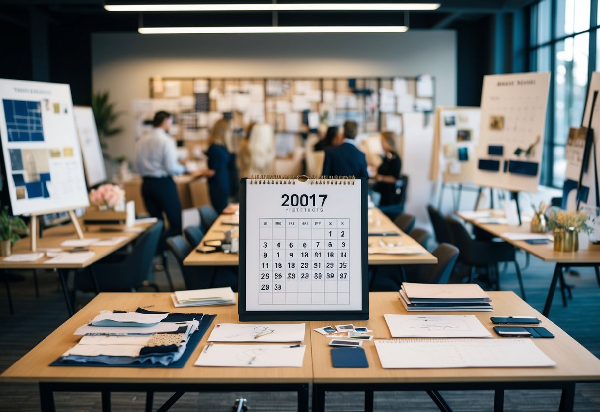 A bustling event planning office with mood boards, fabric swatches, and sketches scattered across the desks. A large calendar marks the date of the high-profile event