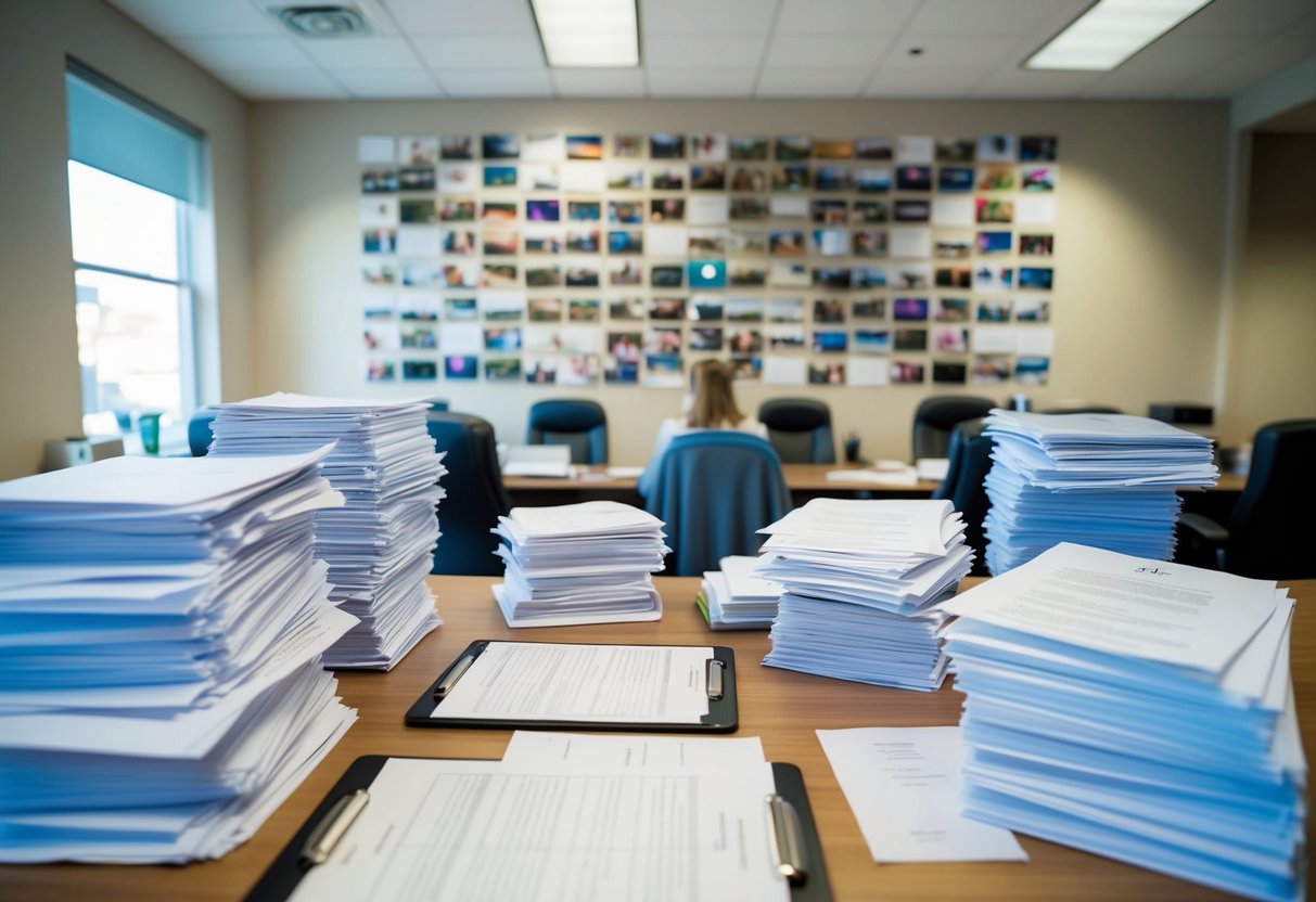 A bustling wedding planning office with stacks of legal documents and a wall covered in colorful event photos