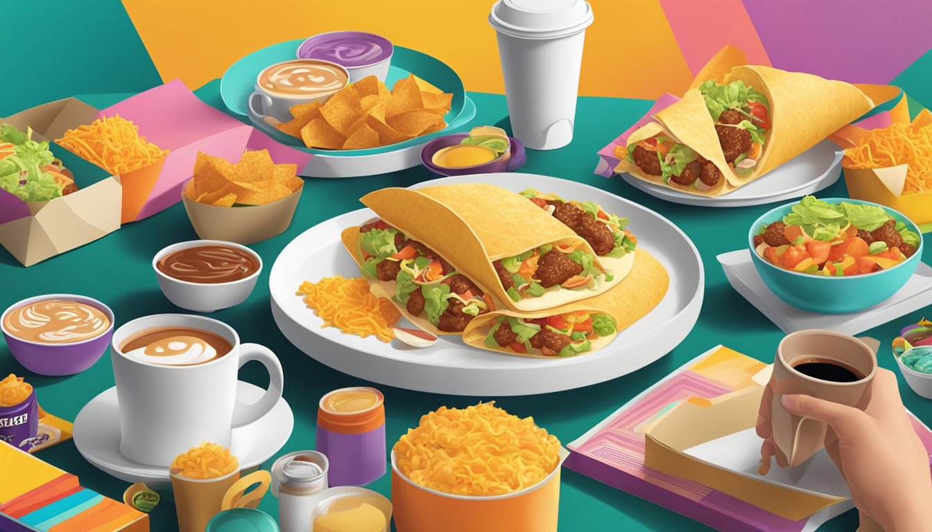 A person sitting at a table with a plate of Taco Bell breakfast items, surrounded by colorful packaging and a morning coffee