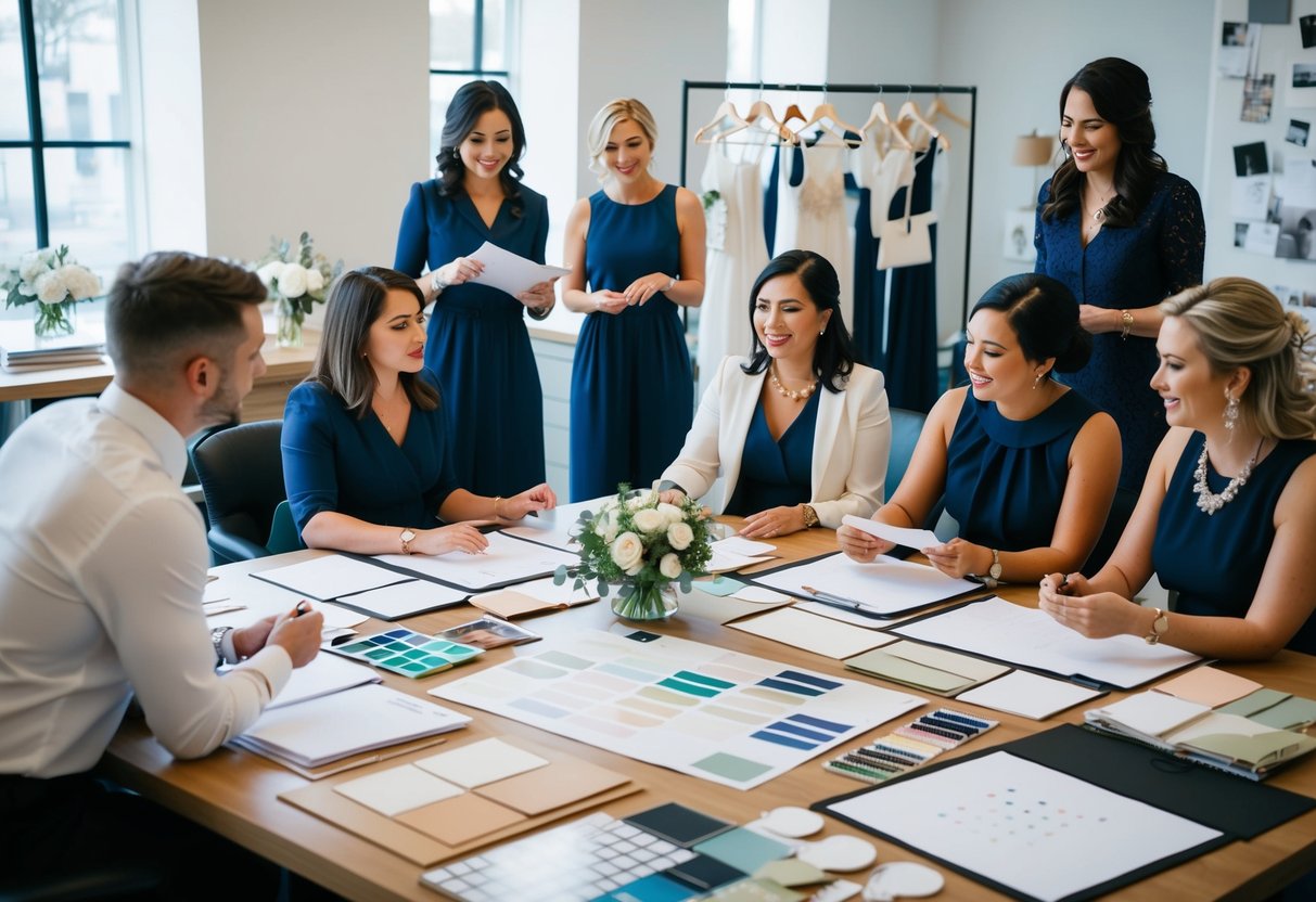 A bustling wedding planning office with mood boards and fabric swatches scattered across the desk. A team of designers and coordinators discussing details and making preparations