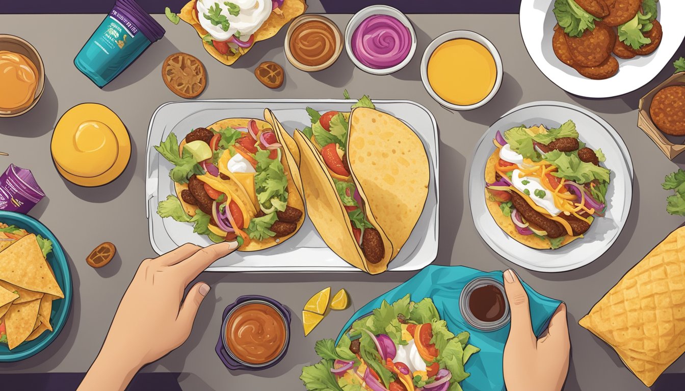 A person reaching for a breakfast taco from a Taco Bell bag, surrounded by various food options on a table