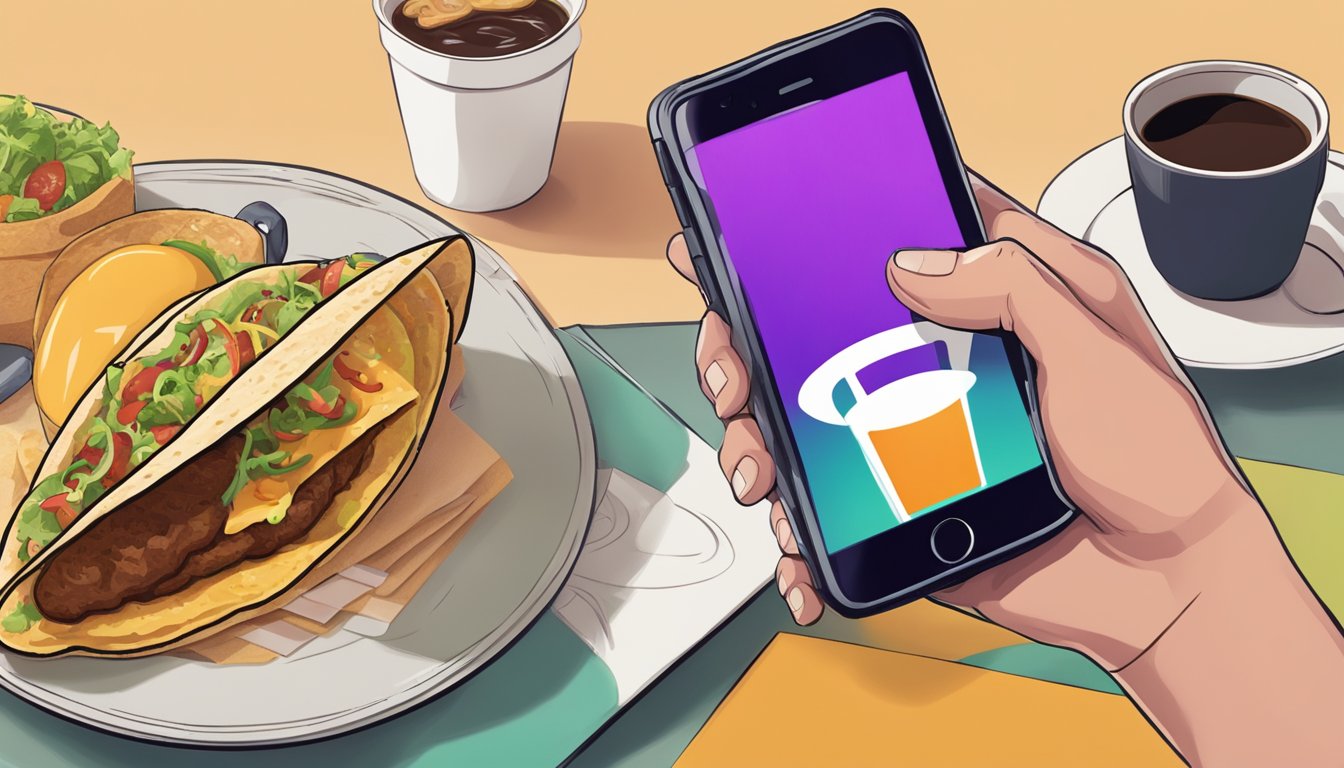 A person's hand reaching for a smartphone with the Taco Bell logo on the screen, while a breakfast taco and coffee sit nearby