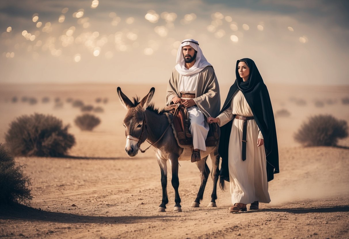 Mary and Joseph stand beside a donkey, journeying through a dusty desert landscape