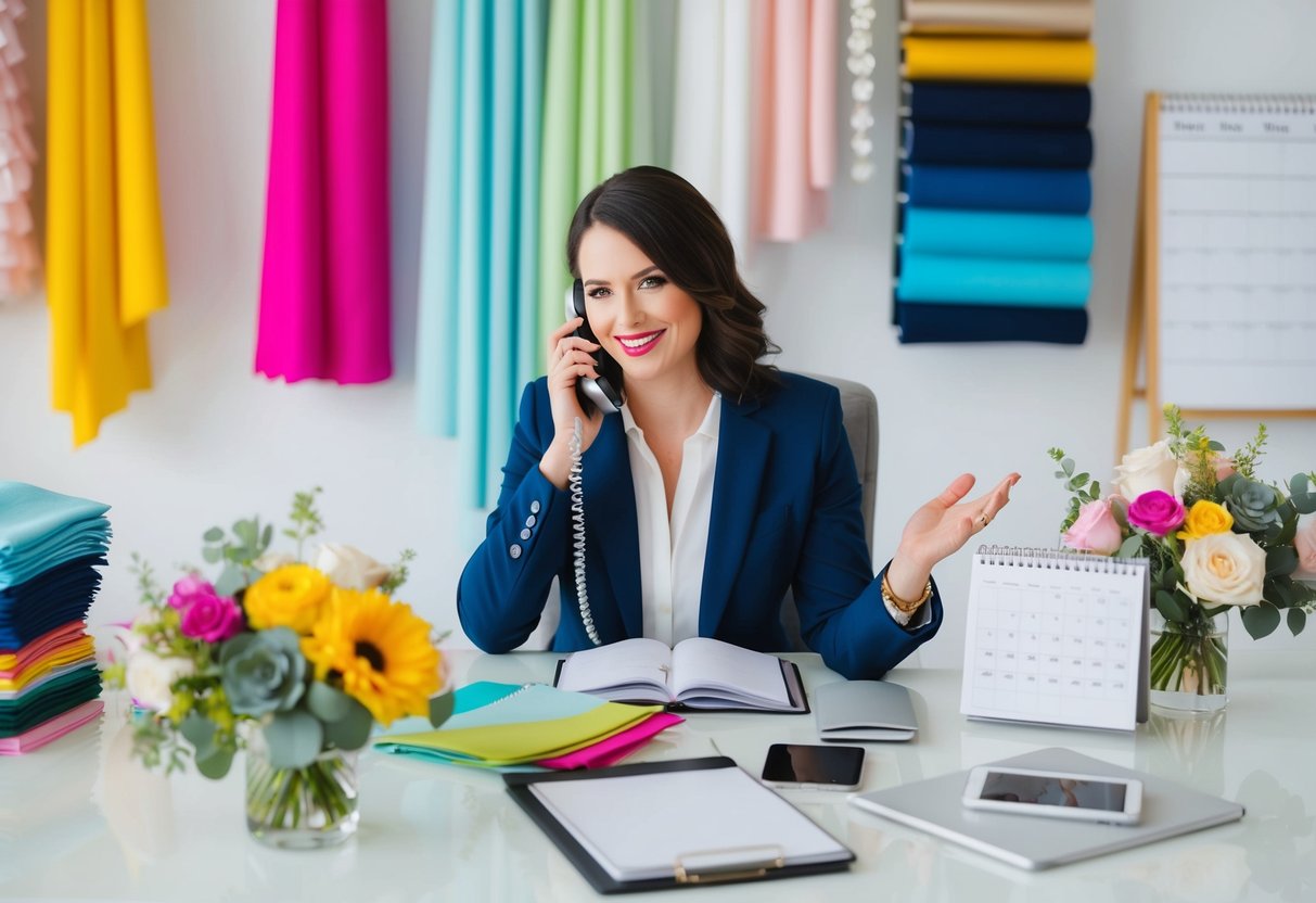 A wedding planner sits at a desk surrounded by colorful fabric swatches, flower arrangements, and a calendar, while talking on the phone with a client