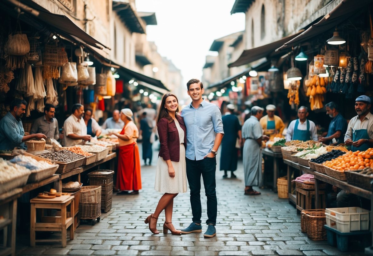 A young couple stands in a bustling ancient marketplace, surrounded by vendors and merchants